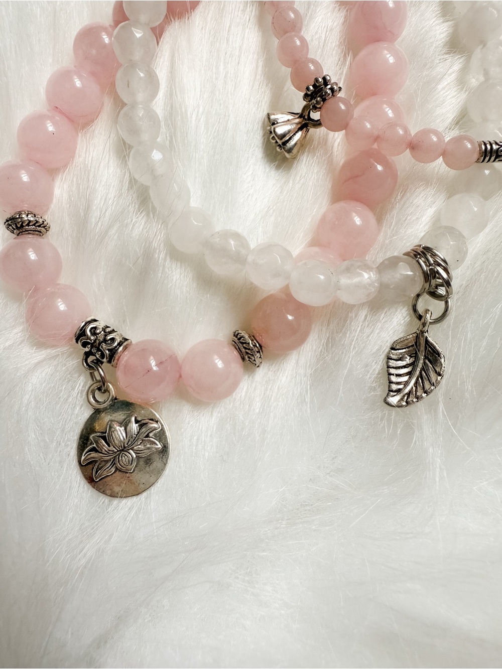 Lotus Rose Quartz Charm Bracelet Trio - Crystal Bracelet Layering Set